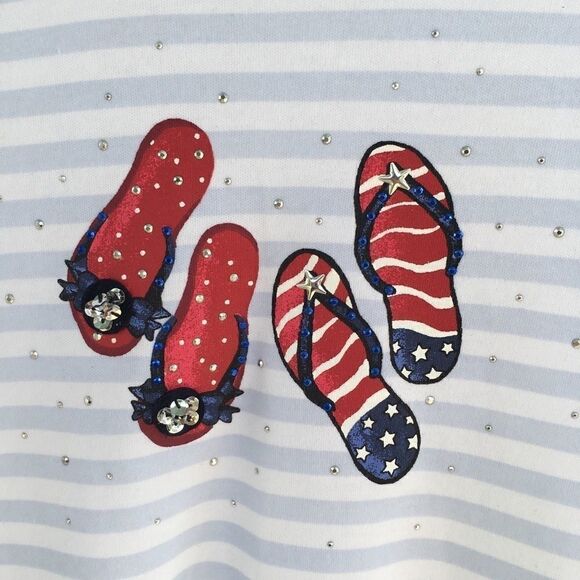 Karen Scott Blue Stripe Sequin Flip Flops Tee P - Picture 1 of 12